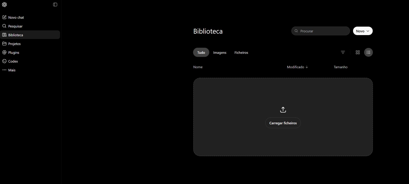Dark library UI showing a central 'Biblioteca' title with a large file upload panel labeled 'Carregar ficheiros' in Portuguese.