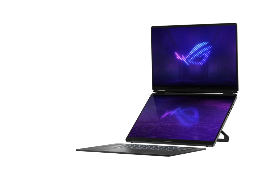 design-02 | PCGuia ROG Zephyrus gaming laptop with a neon purple-blue screen and a secondary, reflective display below on a black background.