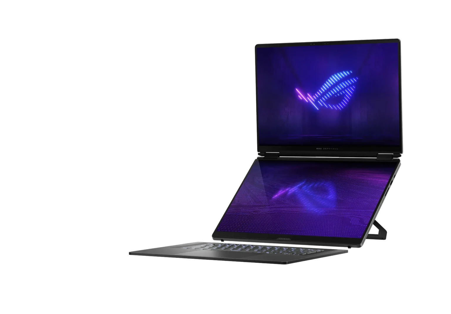 ROG Zephyrus gaming laptop with a neon purple-blue screen and a secondary, reflective display below on a black background.