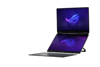 ROG Zephyrus gaming laptop with a neon purple-blue screen and a secondary, reflective display below on a black background.