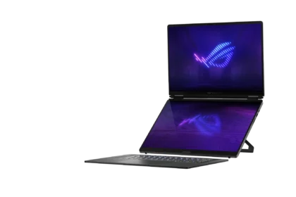 ROG Zephyrus gaming laptop with a neon purple-blue screen and a secondary, reflective display below on a black background.
