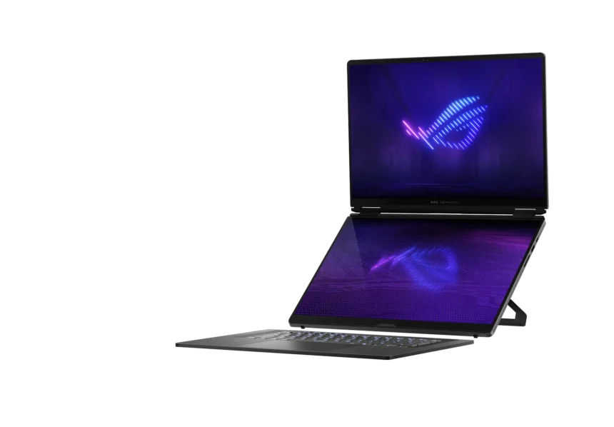 ROG Zephyrus gaming laptop with a neon purple-blue screen and a secondary, reflective display below on a black background.