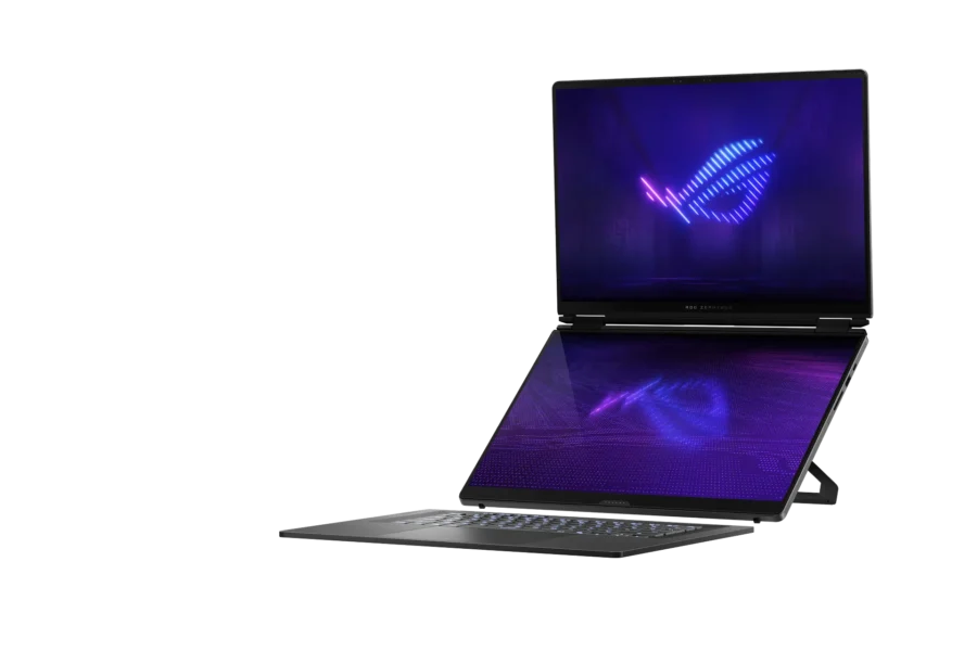 ROG Zephyrus gaming laptop with a neon purple-blue screen and a secondary, reflective display below on a black background.