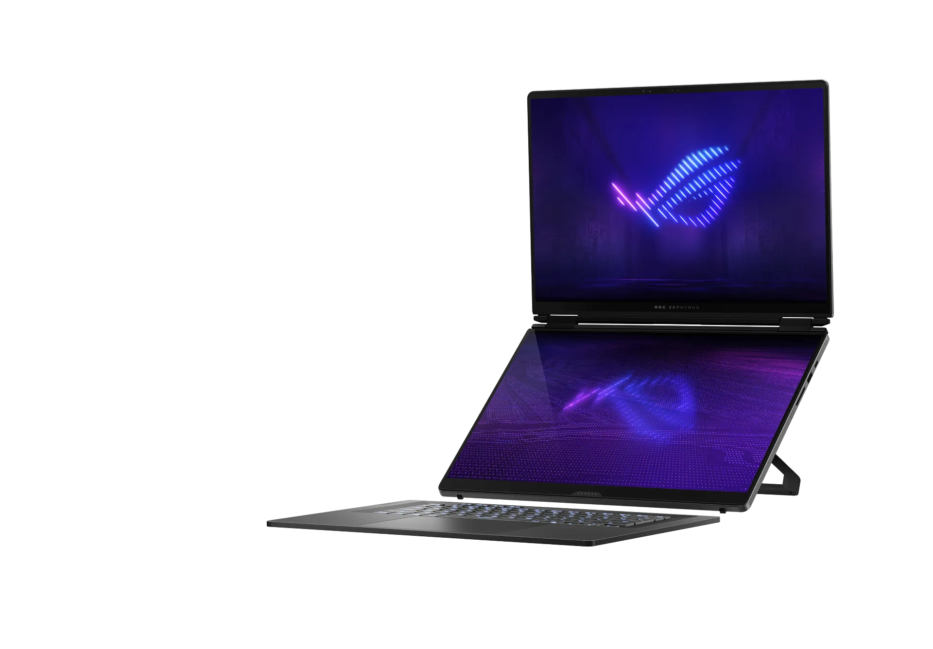 ROG Zephyrus gaming laptop with a neon purple-blue screen and a secondary, reflective display below on a black background.