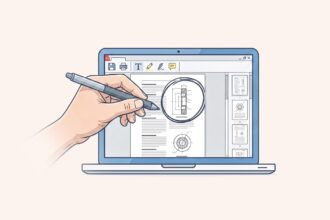 Hand with a stylus annotating a CAD drawing on a laptop screen, magnifying a component detail nearby.