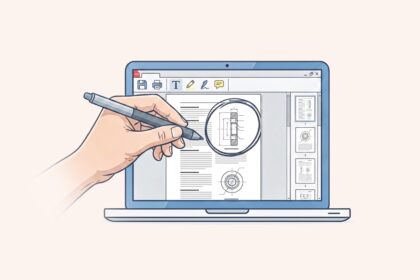 Hand with a stylus annotating a CAD drawing on a laptop screen, magnifying a component detail nearby.