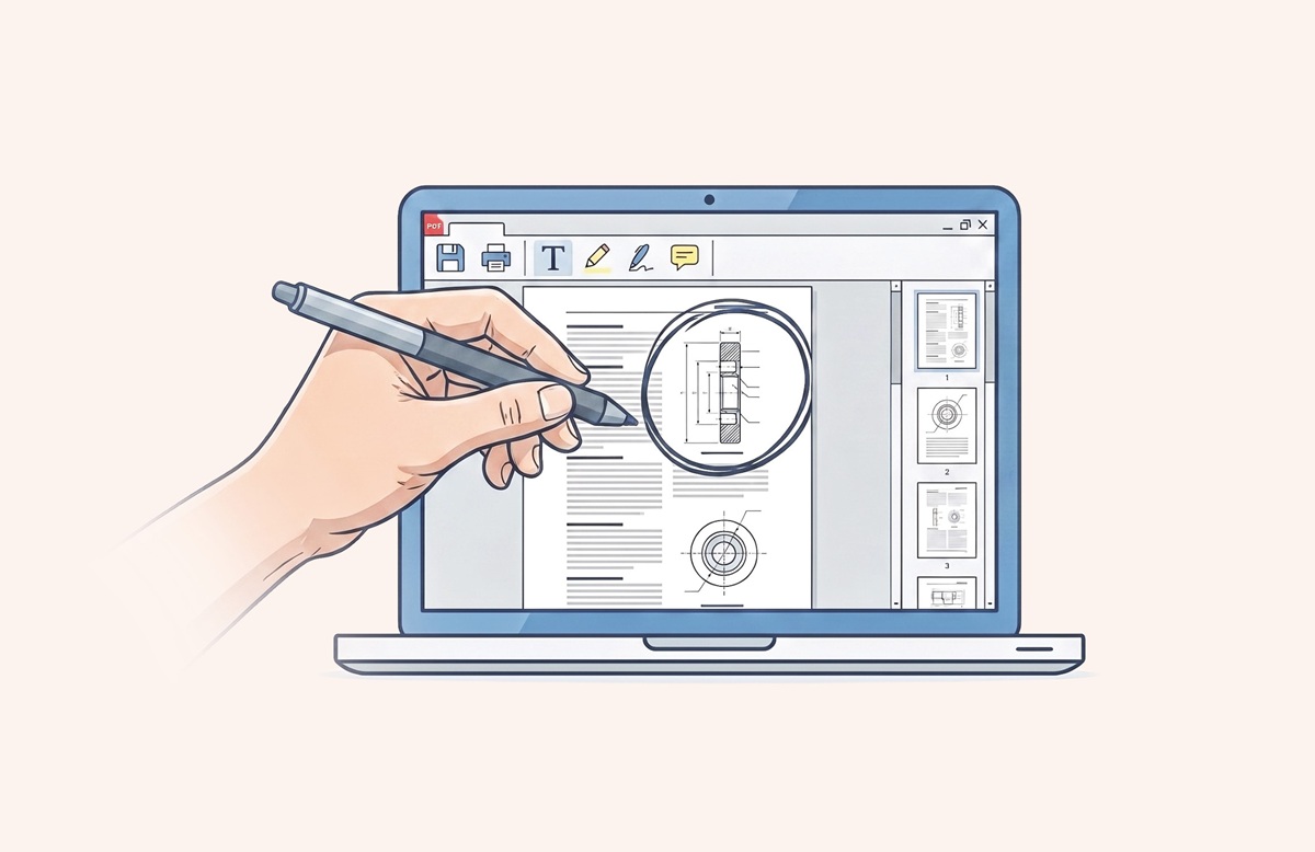 Hand with a stylus annotating a CAD drawing on a laptop screen, magnifying a component detail nearby.