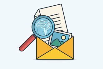 Yellow envelope with letters, magnified by a magnifying glass showing a brain circuit, representing email data analysis.