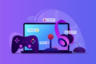Colorful illustration of a laptop with a game controller and headset, plus chat bubbles and Wi‑Fi icons.