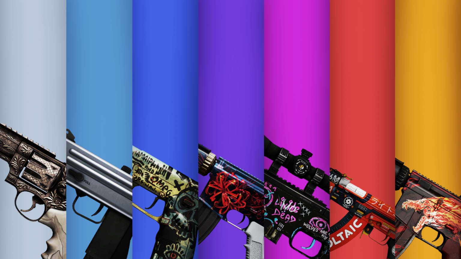 Colorful vertical panels from light blue to orange with gun images peeking along the bottom edge, forming a gradient collage of weapons and color bars.