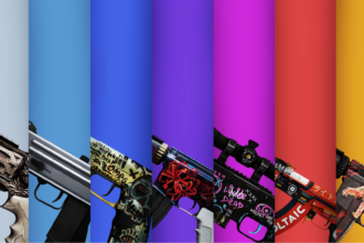 Colorful vertical panels from light blue to orange with gun images peeking along the bottom edge, forming a gradient collage of weapons and color bars.