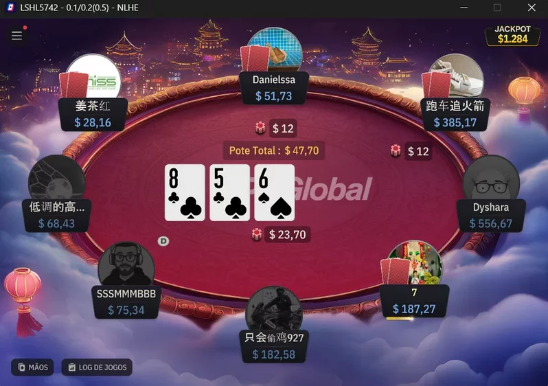 Online poker table with seven players around a red felt table; three community cards (8♣, 5♣, 6♠) visible; each seat shows username and chip count.