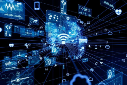 Abstract blue data-network visualization featuring a central hub with rays and floating icons representing devices, cloud services, and connectivity.