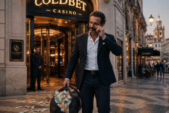 Man in a dark suit stands outside Coldbet Casino, lifting his sunglasses as a large money-filled bag sits on the cobblestone street with cash spilled nearby.