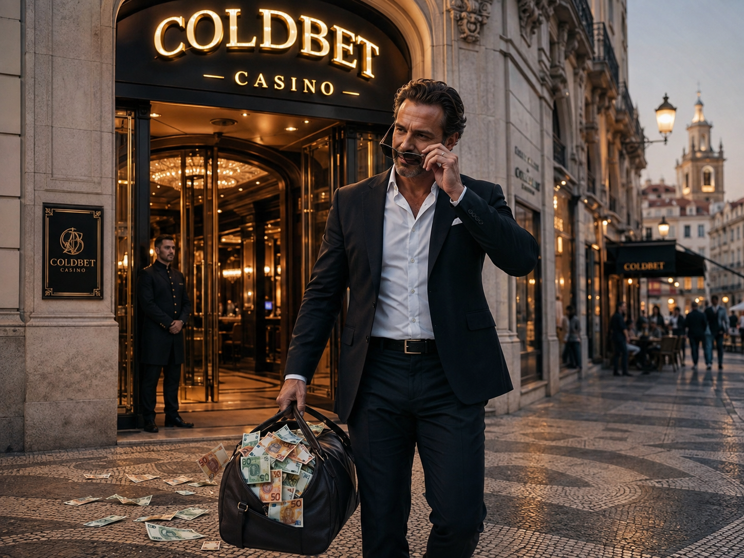 Man in a dark suit stands outside Coldbet Casino, lifting his sunglasses as a large money-filled bag sits on the cobblestone street with cash spilled nearby.