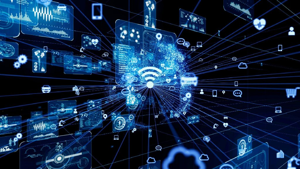 Abstract blue data-network visualization featuring a central hub with rays and floating icons representing devices, cloud services, and connectivity.