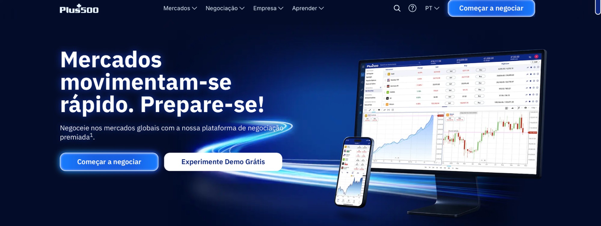Plataforma de negociação Plus500 com gráficos e dispositivos (monitor e smartphone) prontos para negociar; chamada para começar.