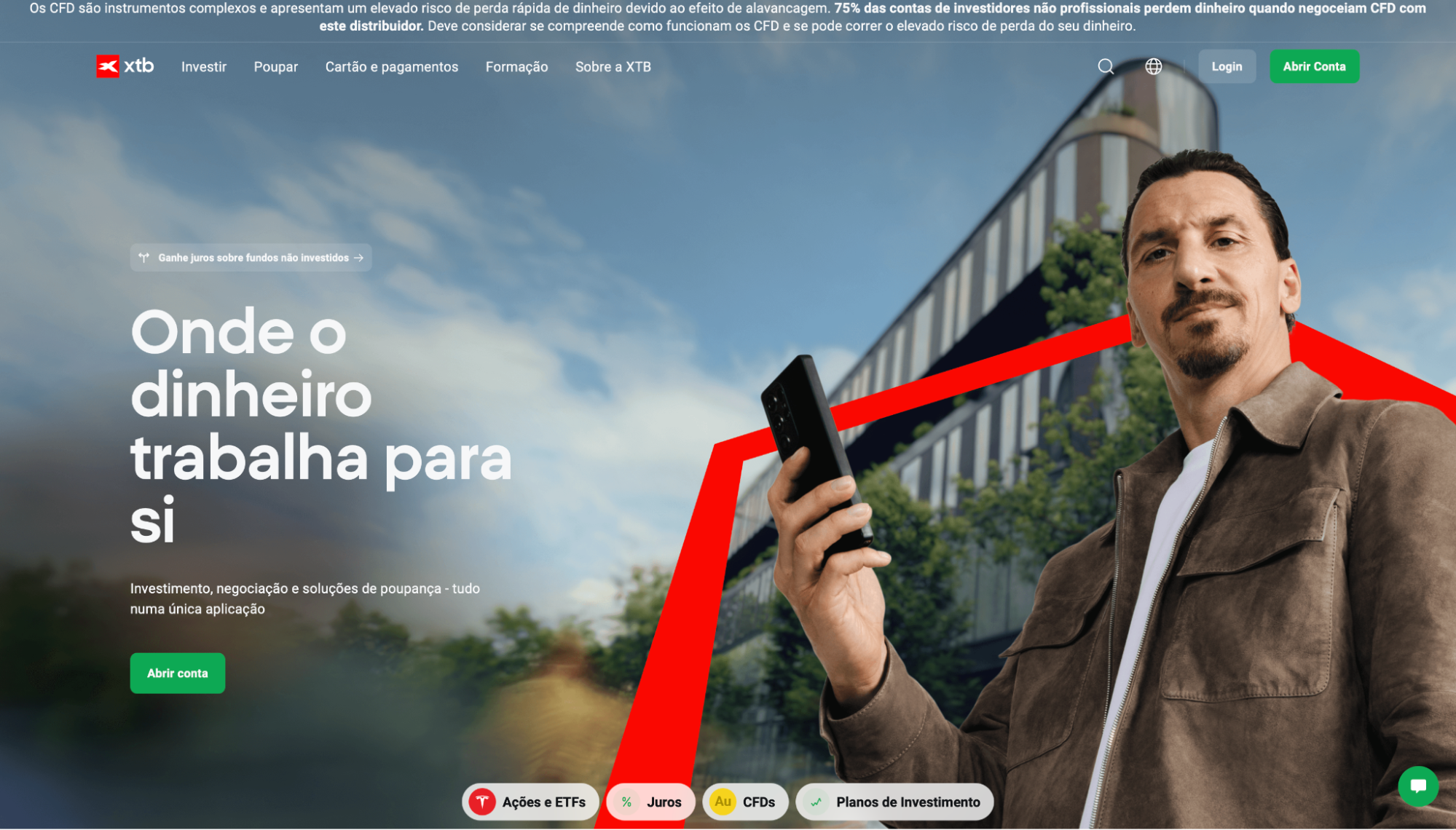 Hero banner: man holding a smartphone in front of a modern building with a blue sky, large white text'Onde o dinheiro trabalha para si' and a green 'Abrir conta' button nearby.