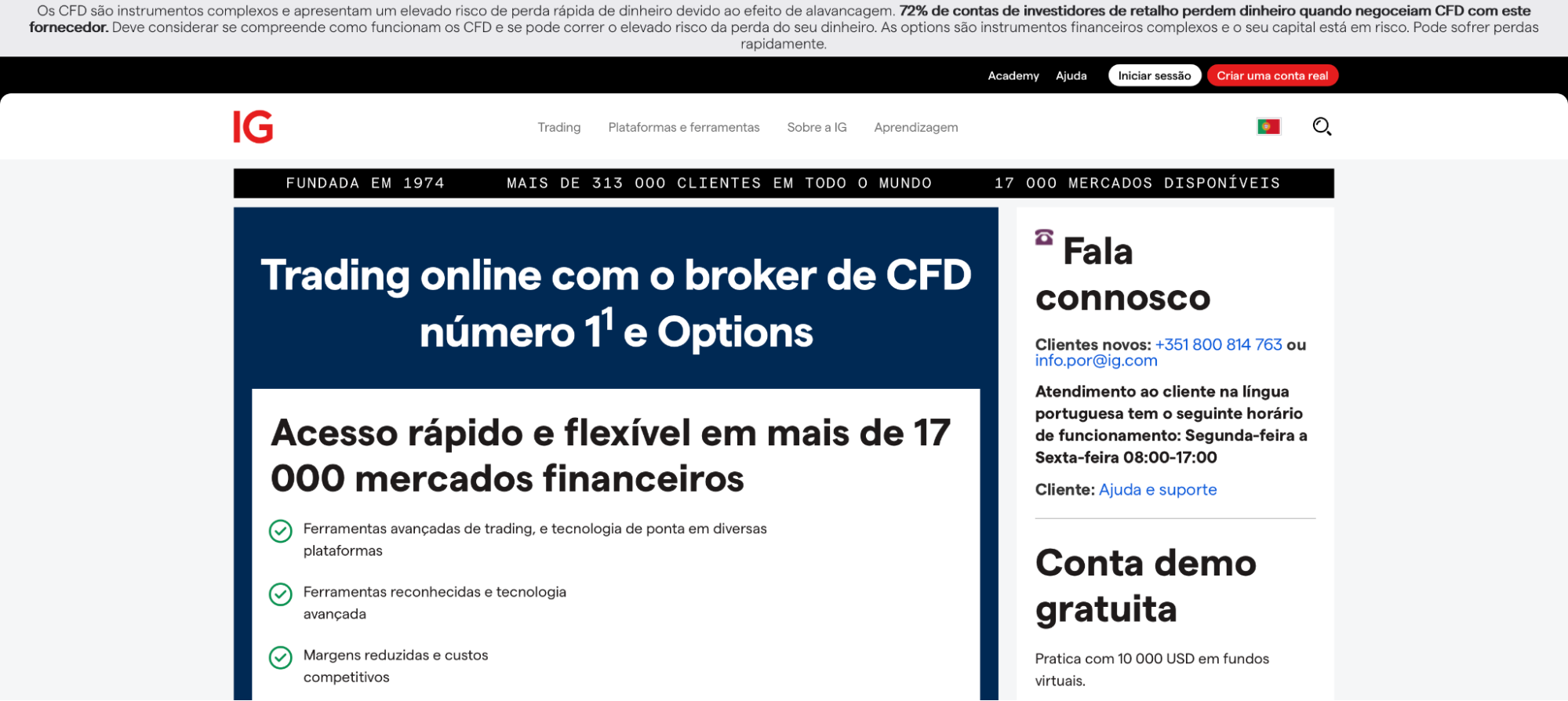 Trading online com o broker de CFD número 1 e Options, com área de notícias em destaque e menu do site IG.