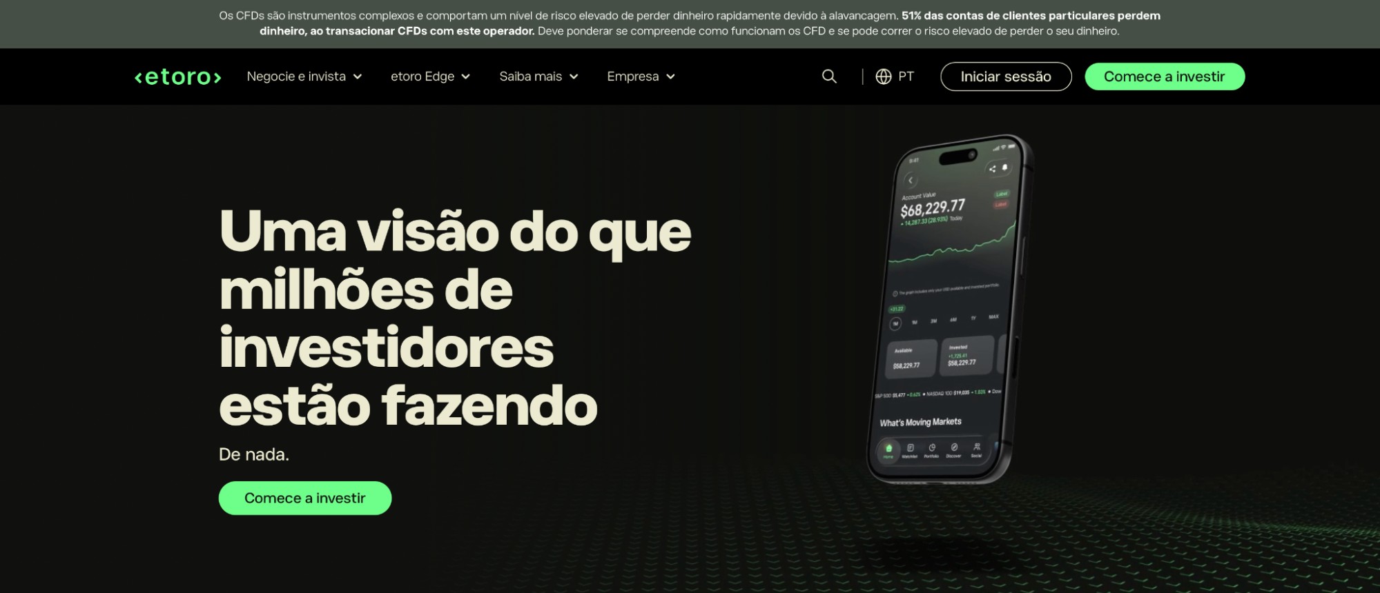 Hero banner with bold Portuguese headline about millions of investors, and a tilted smartphone showing a trading dashboard on the right against a dark background.