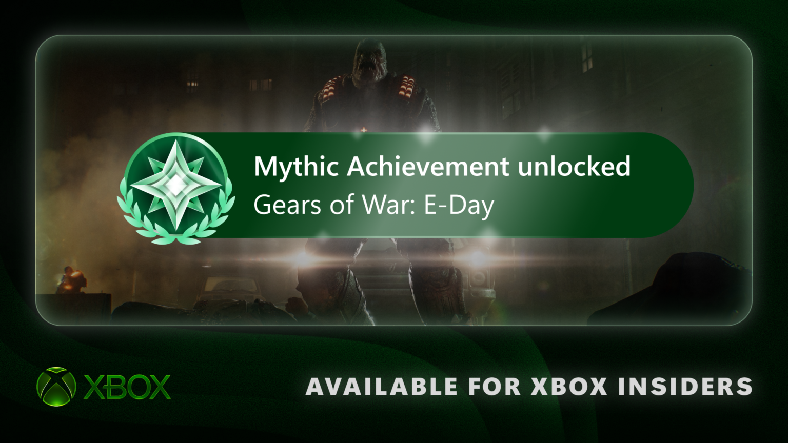 Green promotional banner: ‘Mythic Achievement unlocked’ for Gears of War: E-Day with a laurel wreath emblem and Xbox branding.