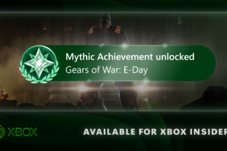 Green promotional banner: ‘Mythic Achievement unlocked’ for Gears of War: E-Day with a laurel wreath emblem and Xbox branding.