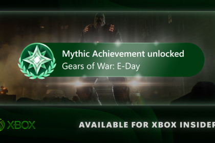 Green promotional banner: ‘Mythic Achievement unlocked’ for Gears of War: E-Day with a laurel wreath emblem and Xbox branding.