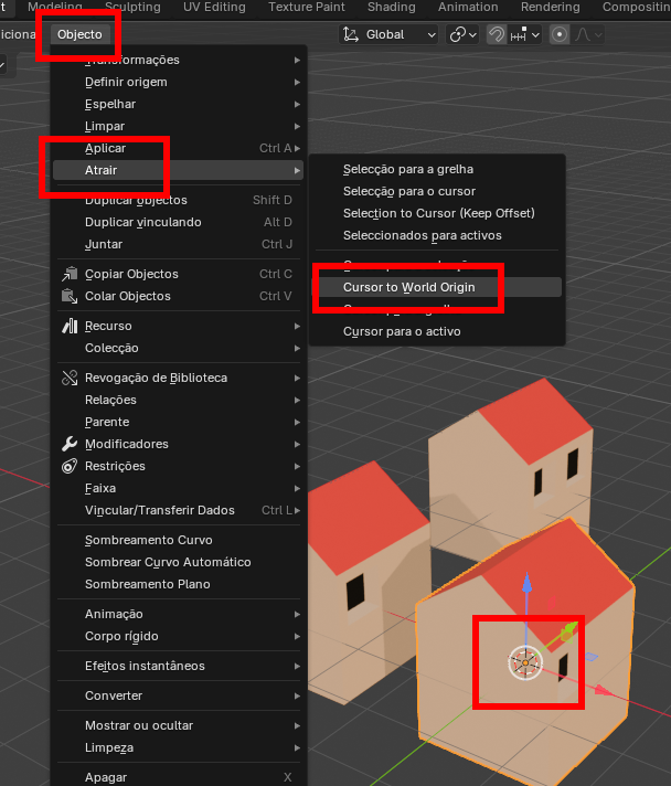Blender UI: Object menu with 'Apply' and 'Cursor to World Origin' selected; 3D Cursor at world origin and a selected object nearby.