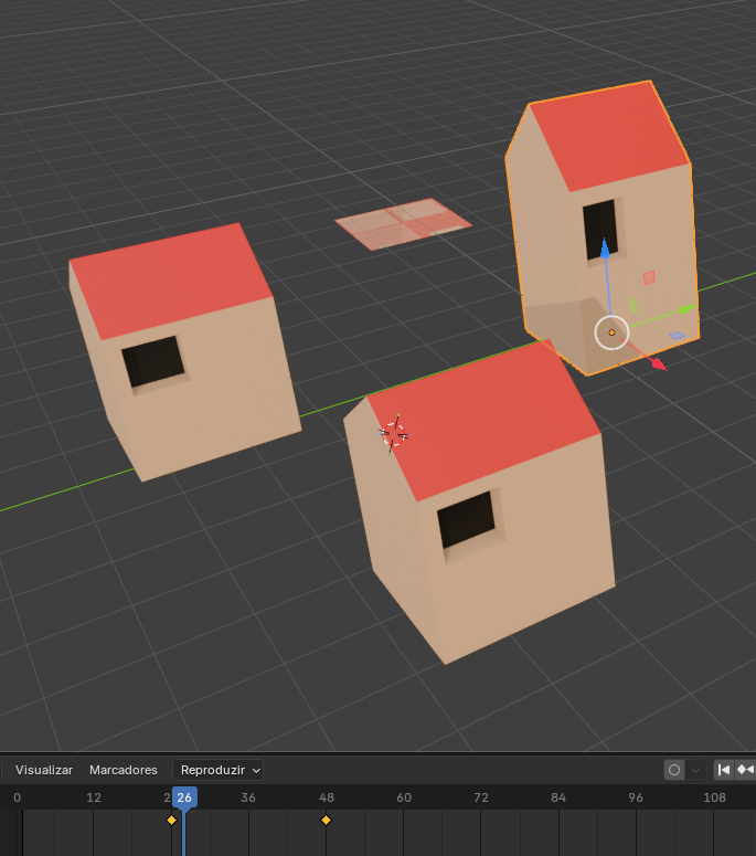 Three small beige houses with red roofs on a grid in a 3D modeling workspace.