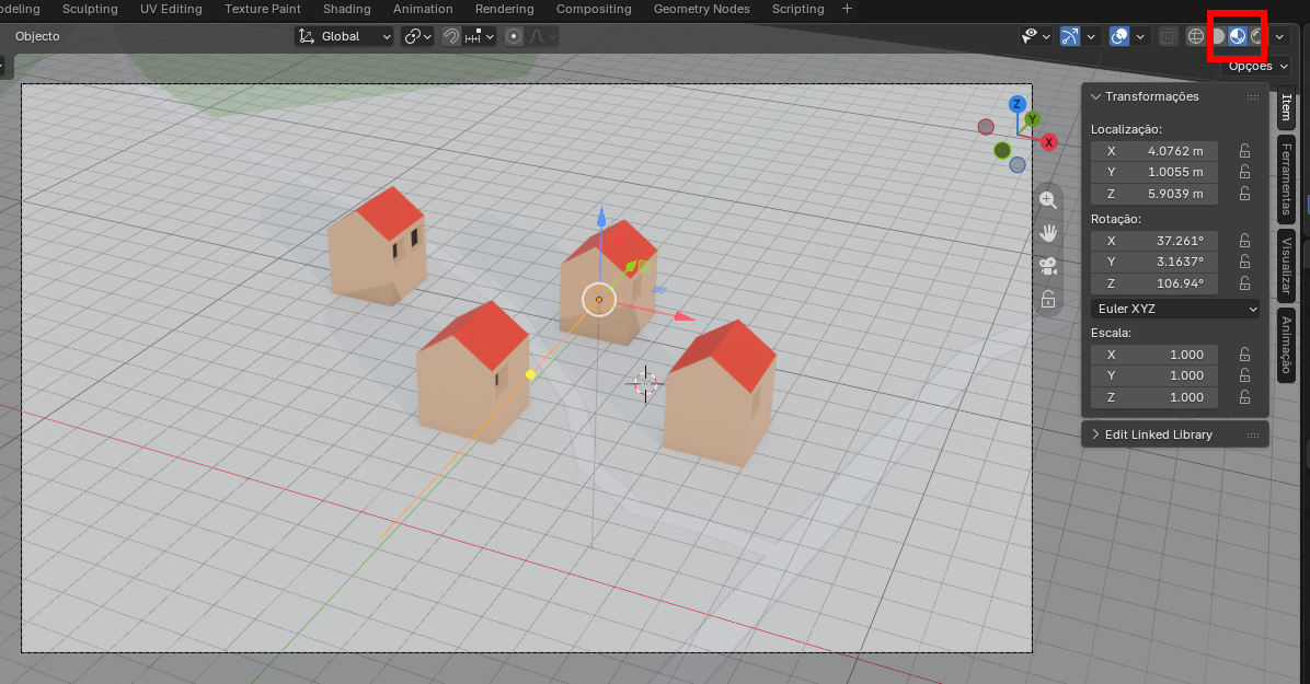 Blender 3D scene with four small beige houses with red roofs on a grid plane; transform panel on the right.