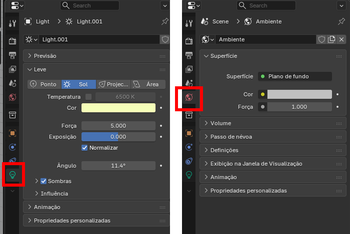Blender UI: left panel shows a Light (color warmer yellow, 6500 K, strength 5) with the lamp icon highlighted; right panel shows World/Ambience settings (color gray, strength 1.0) with a highlighted environment icon.