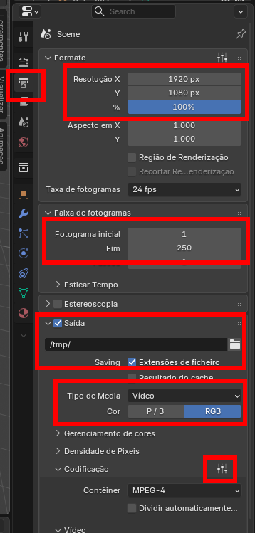 Blender render settings: resolution 1920x1080, frame range 1–250, output to /tmp, RGB video