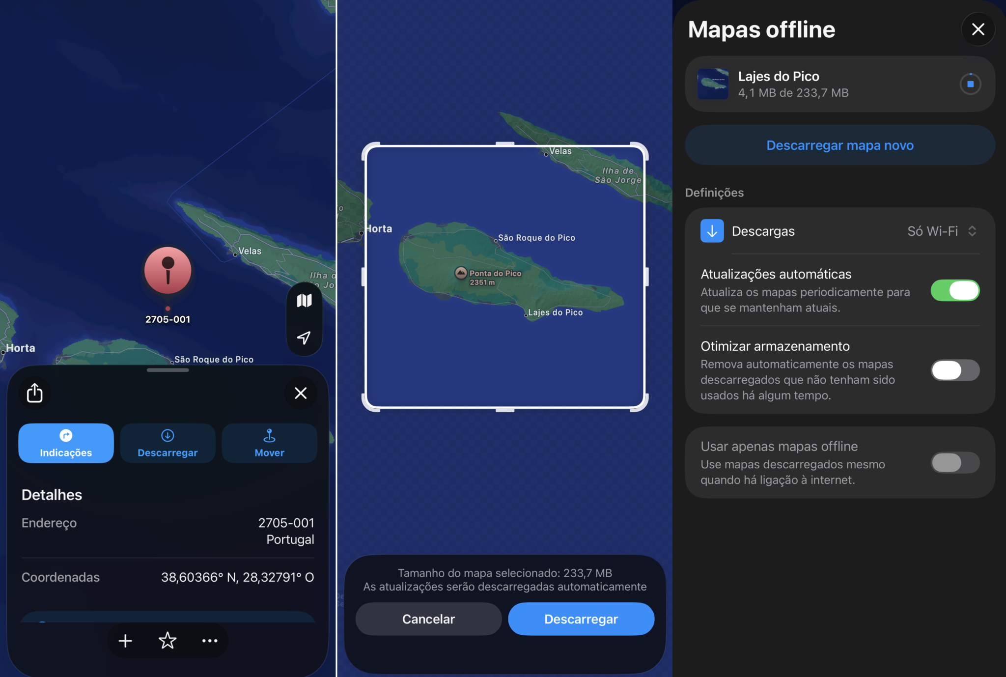 Offline maps screen showing Pico Island map with pin and download button labeled Descarregar mapa novo.
