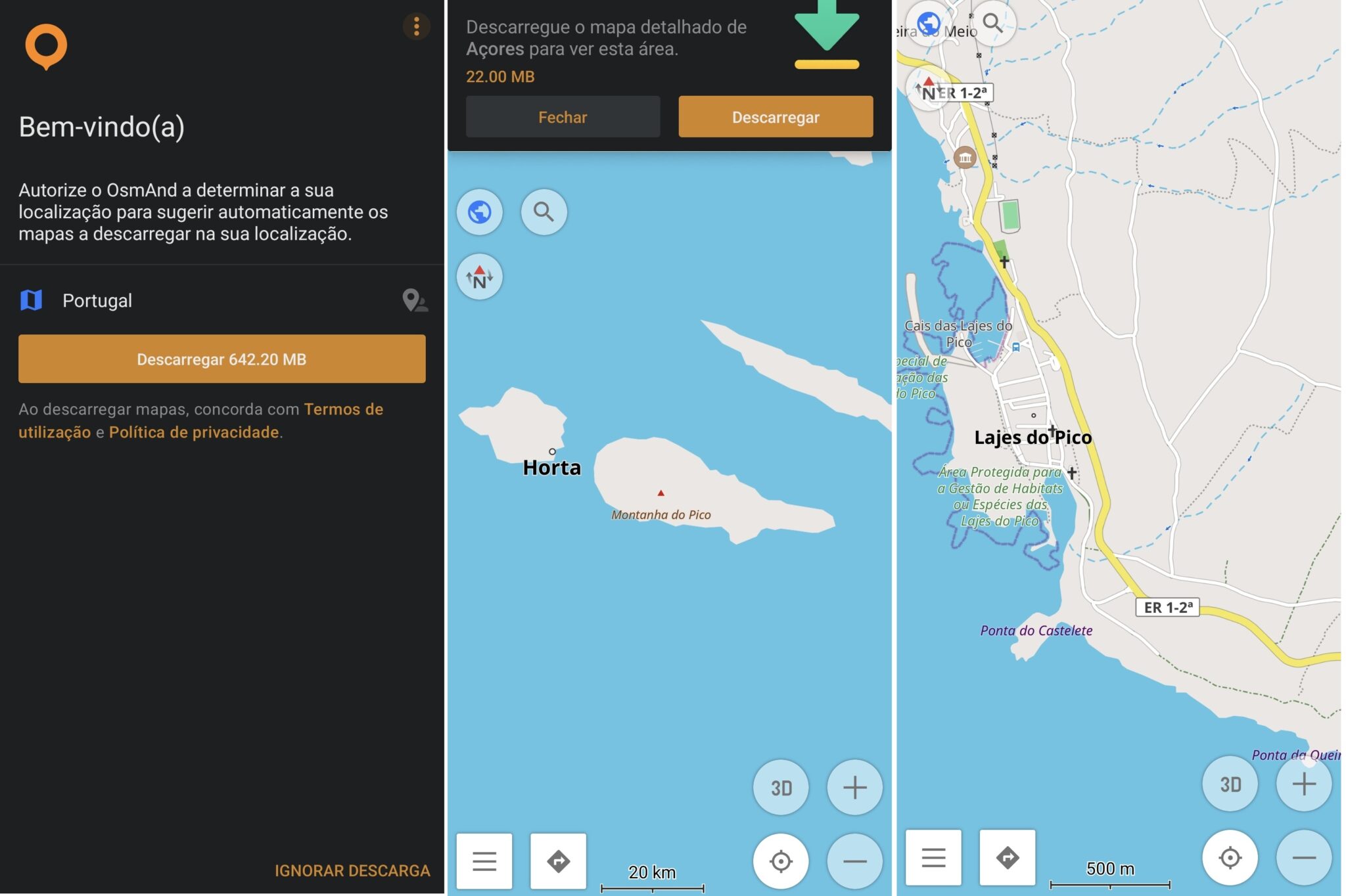 Three-panel screenshot of OsmAnd: a welcome/signup screen in Portuguese, a map download prompt, and a coastal map view with controls visible on the blue map background.