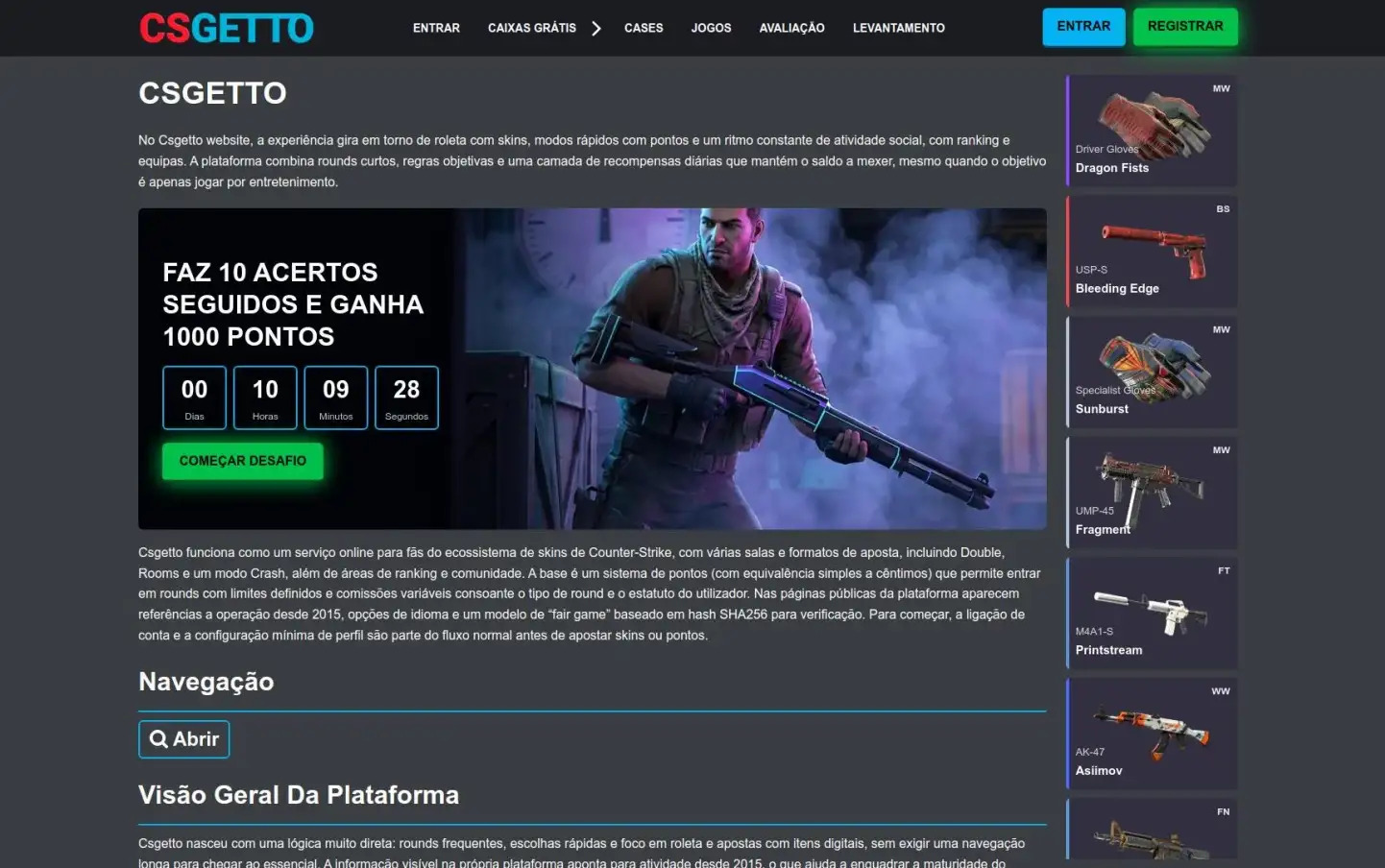 Página inicial do CSGETTO com banner de promoção (soldado segurando rifle) e contagem regressiva ao centro.
