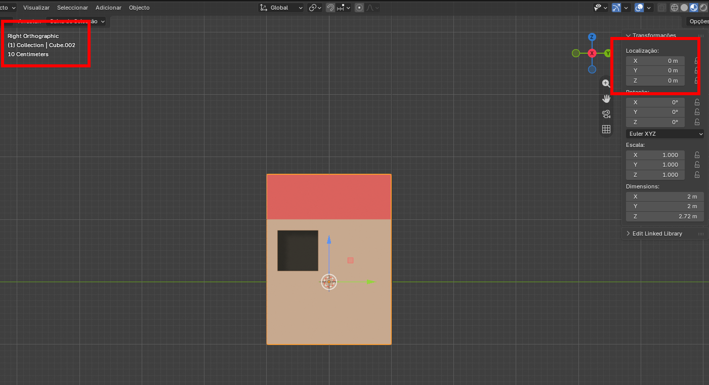 Blender 3D viewport showing a beige rectangular object with a red top and a black square cutout, on a grid backdrop with transform panels on the right.