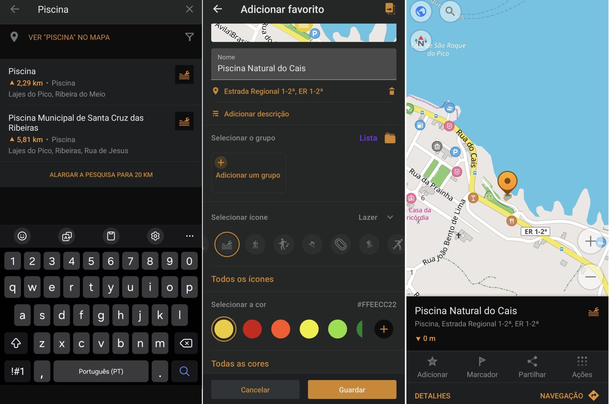 Mobile app screen showing a list of pools with distances and addresses (e.g., 'Piscina 2,29 km' and 'Piscina Municipal de Santa Cruz das Ribeiras'). In the middle, a 'Adicionar favorito' dialog with the name 'Piscina Natural do Cais' and address. The right panel shows a map with a pin for 'Piscina Natural do Cais' near the coast.