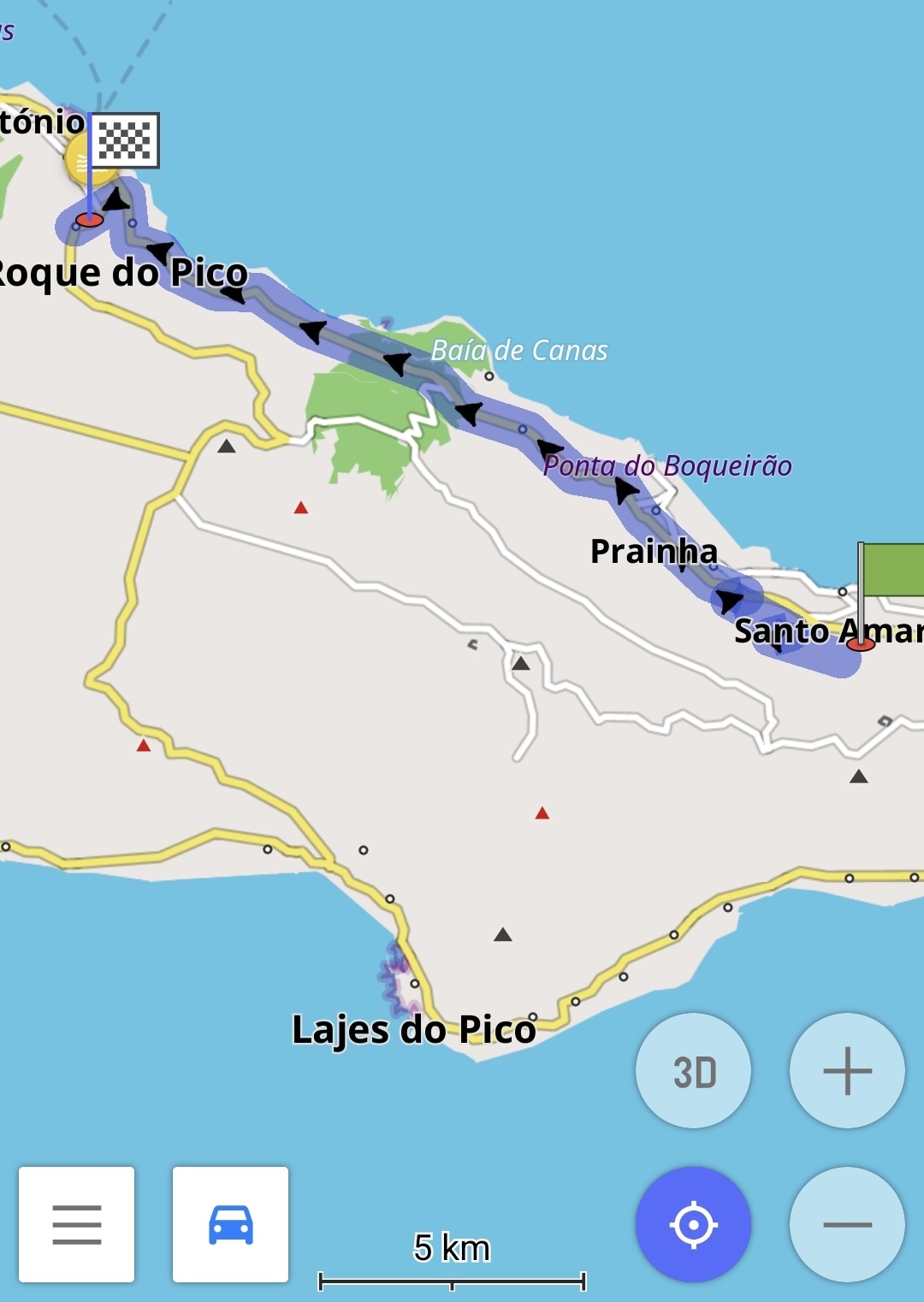 Coastline map of Pico Island showing towns like Lajes do Pico and Prainha with a highlighted coastal route along the shore near Baía de Canas in the sea-blue area.