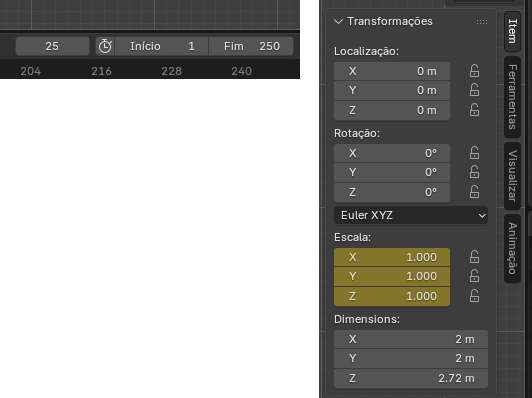 Panel with object Transform properties: Location X/Y/Z 0 m, Rotation 0° on all axes, Scale X/Y/Z 1.000, Dimensions X 2 m, Y 2 m, Z 2.72 m, in Blender's Transform panel (Portuguese UI)