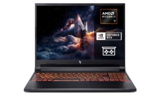 Gaming laptop with orange backlit keyboard and space-themed screen showcasing Ryzen AI 7 and GeForce RTX logos, plus cooling icon on the right panel.