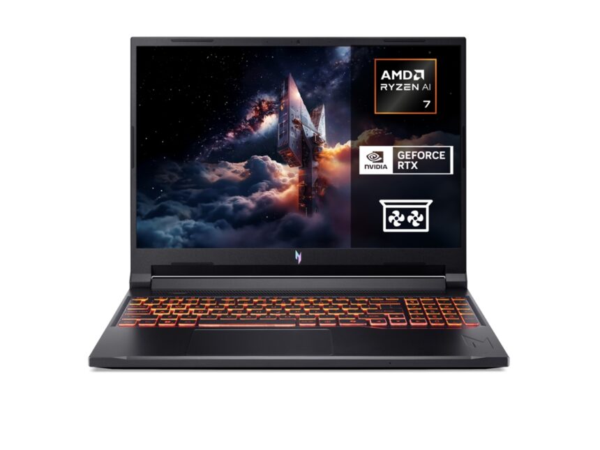 Gaming laptop with orange backlit keyboard and space-themed screen showcasing Ryzen AI 7 and GeForce RTX logos, plus cooling icon on the right panel.
