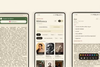Three smartphones display a library/dictionary app: left a long Portuguese article with a green alert bar, center the Biblioteca homepage with filters and book covers, right a dictionary entry for 'alçar' with definitions.