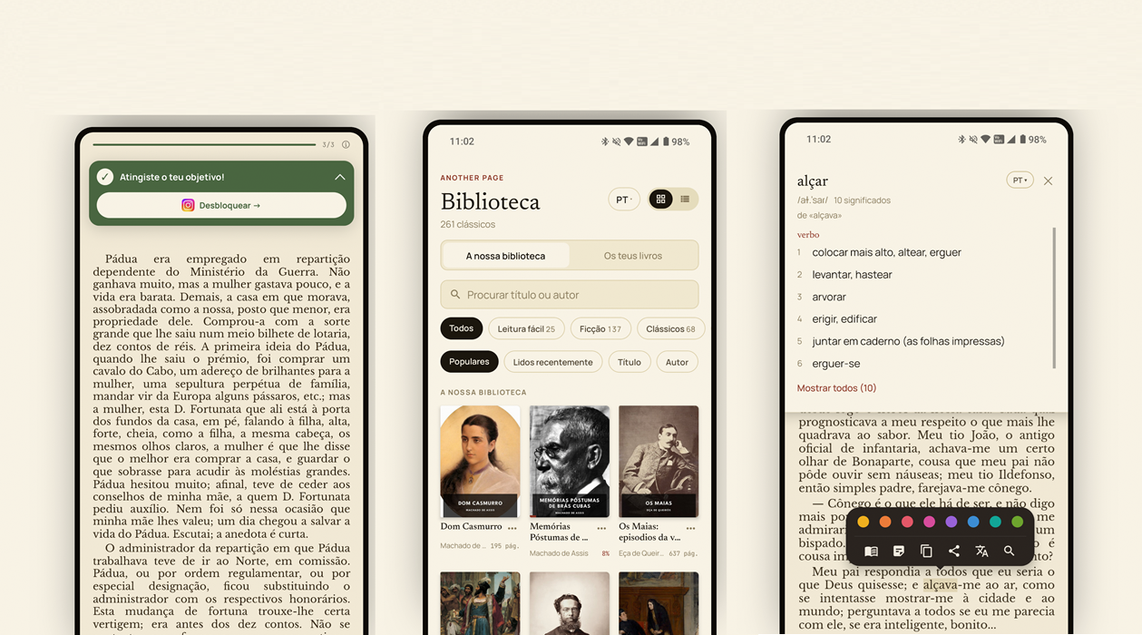 Three smartphones display a library/dictionary app: left a long Portuguese article with a green alert bar, center the Biblioteca homepage with filters and book covers, right a dictionary entry for 'alçar' with definitions.