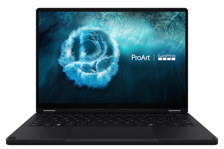 Open ASUS ProArt laptop displaying a blue ocean whirlpool wallpaper with ProArt and GoPro logos