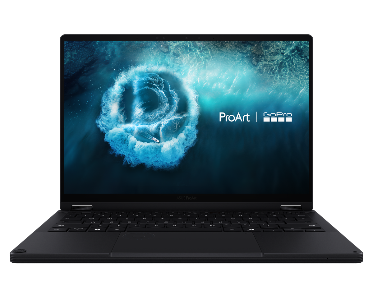 Open ASUS ProArt laptop displaying a blue ocean whirlpool wallpaper with ProArt and GoPro logos