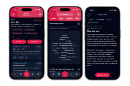 Three dark‑mode phone screens showing a Portuguese diary app: left screen with a greeting 'Bom dia!' and daily entries, middle screen with a 'Nuvem de palavras' word cloud, right screen with a long diary entry and a red 'Guardar diário' button.