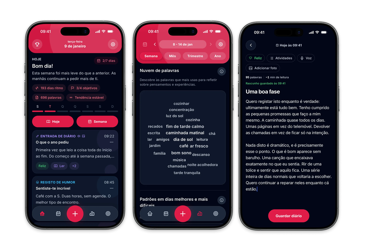 Three dark‑mode phone screens showing a Portuguese diary app: left screen with a greeting 'Bom dia!' and daily entries, middle screen with a 'Nuvem de palavras' word cloud, right screen with a long diary entry and a red 'Guardar diário' button.
