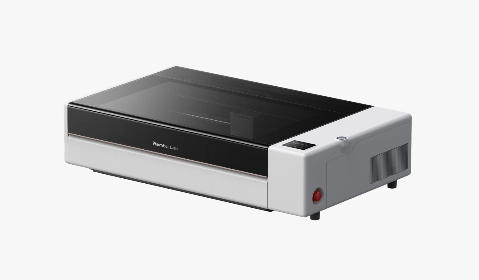 Desktop 3D printer with a black front panel and transparent lid, brand 'Bambu Lab' visible on the front edge.