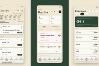 Three mobile screens showing a beige, rounded UI for a Portuguese family app: Casa Silva tasks, Barriers reminders, and Finanças budget.
