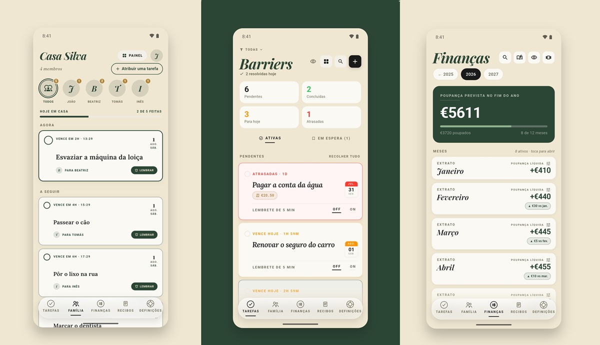 Three mobile screens showing a beige, rounded UI for a Portuguese family app: Casa Silva tasks, Barriers reminders, and Finanças budget.
